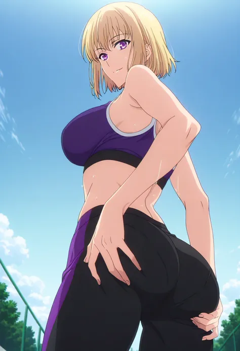 source anime,anime screencap,anime coloring,intricate details,fake screenshot,masterpiece, best quality, very aesthetic, dramatic lighting, illustration,
uncensored,
1girl,
BREAK,
cha hae-in,  purple eyes, blonde hair, short hair, bangs, 
large breasts, sp...