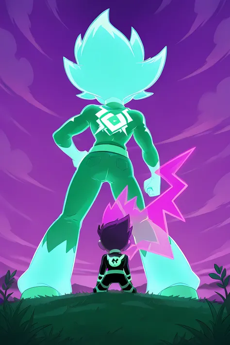 anime male wolf with pale purple glowing fur in a superhero outfit, in a grasslands, purple sky, purple glowing neon energy powers, professionally drawn, danny phantom cartoon/ super sonic style