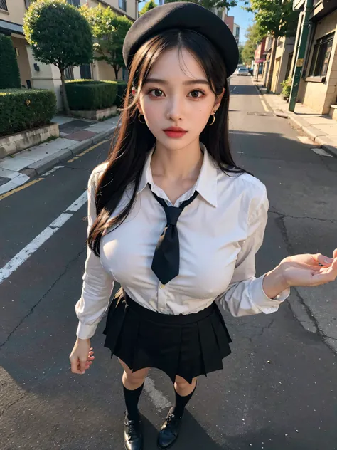 masterpiece, Best Quality, ultra high resolution, 32k, hyperrealistic, ultra-detailed description, delicate facial features, very detailed eyes and face, realistic face proportions, earring, big breasts, narrow waist, black hair, sweat, beret, skirt, schoo...