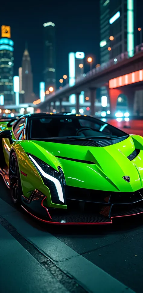  Create an ultra-detailed 3D rendering of a modern Lamborghini Veneno with a bold design!:  A night show in the city 

**color:**

* **Intense shade :**  Bright metallic lime green (# 33CC33 )  with details in matte black .
* **glow:** high,  with a touch ...