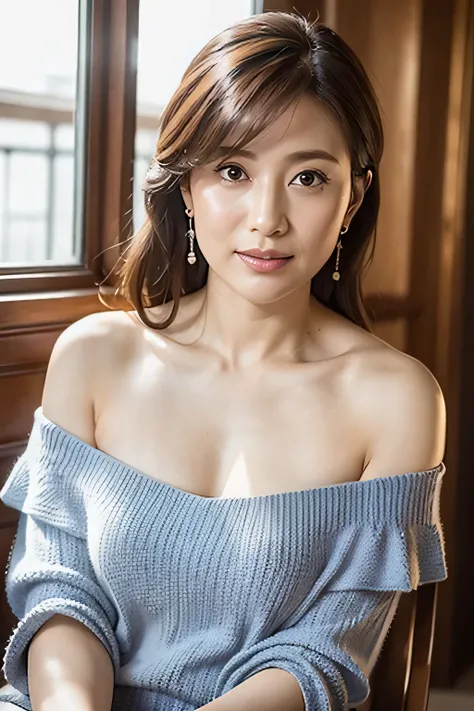 8k,  top quality,  Masterpiece,  is present,  photorealistic,  very detailed, Natural daylight ,  medium breasts,  Can See Your Chest , (light blue off-the-shoulder knit), 1 person, 35-year-old woman,  earrings、 upper body、( camera), (Front high angle view...