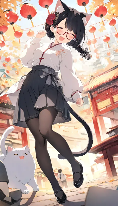 （Best Quality), 8k, film grain, Primary school students, a girl, solo, sexy,(lovely), beautiful white Embroidered chepao, black hair, braid hairstyle, cat ears, a fluffy cat tail on your butt, wearing glasses ,((middle breasts)), Laughing, Chinese festival...