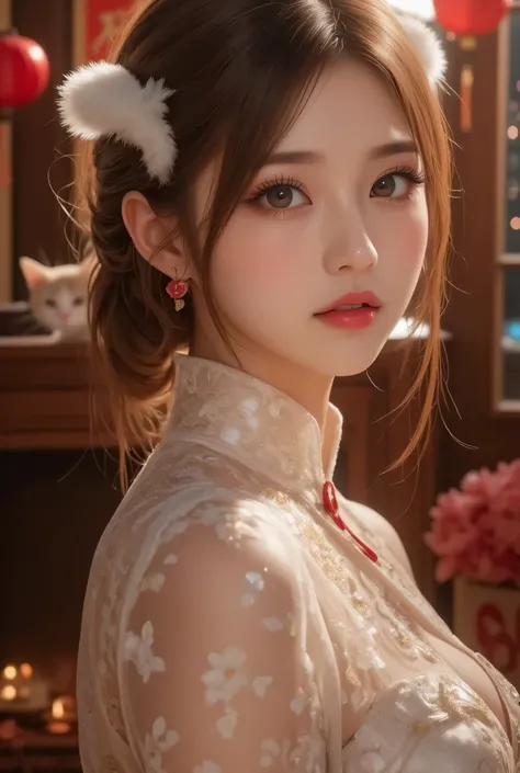 Cat ears、 face up、((( Lying in Bed))) attractive, pretty girl, ponytail、 (( fine facial features , eroticism)), dramatic lighting , realistic , 8k, Dramatic Shadows , intricate and elaborate patterns , super detailed photo ...