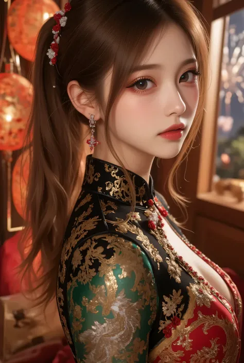 Cat ears、 face up, attractive, pretty girl, ponytail、few beautiful lady hair decorations, (( fine facial features , eroticism)), dramatic lighting , realistic , 8k, Dramatic Shadows , intricate and elaborate patterns , super detailed photo , chiaroscuro li...