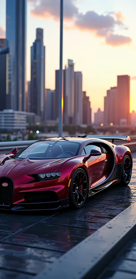  Create an ultra-detailed 3D rendering! and without distortion of a Bugatti Chiron : Un Sueño sobre la city!

**color:**

* **Lucious Tone :** Vino intenso metálico  round (#660066)  with details in matte black .
* **glow:** high, con un toque de  Depth  y...