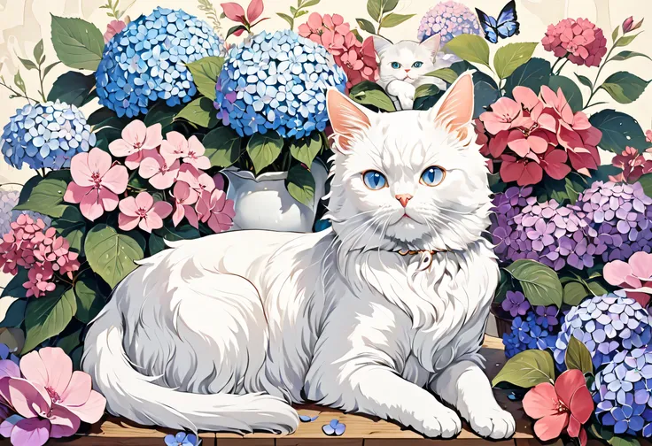 Picture of a white cat sitting in front of a bouquet, in Cat Painting, deity of hydrangeas, Cat Painting,  Matsui Fuyuko ,  influenced by Charles Maurice Detmold, Written by Kawai Yutang, by Miwa Komatsu , By Gigadō Ashiyuki, Persian Cat