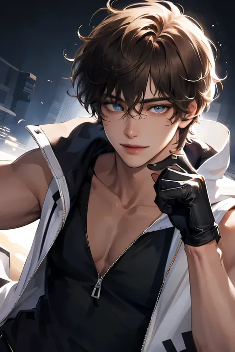 (masterpiece), best quality, expressive eyes, dynamic pose, 1boy, solo, high res, short hair, (messy hair), shaggy hair, dark brown hair, blue eyes, narrowed eyes, smile, boyish, playful, tan skin

black sleeveless hoodie/halter top, black fingerless glove...