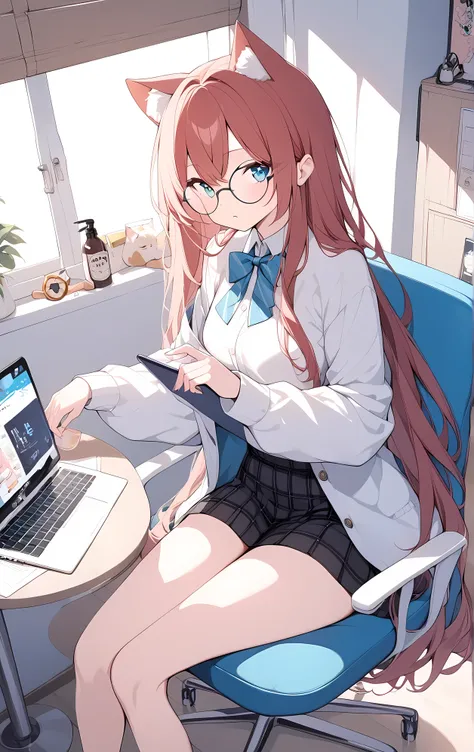 1girl, long hair, cat ears, round glasses, girl sitting on a chair using laptop, bedroom