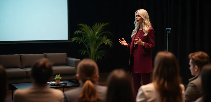 Generate an image of a lady speaking in a conference hall on the right side, with an audience watching her. The audience is seated on chairs, with his hand on a mike, wearing a wine-colored coat and pant, with white and brown mixed hair. Behind her is a la...