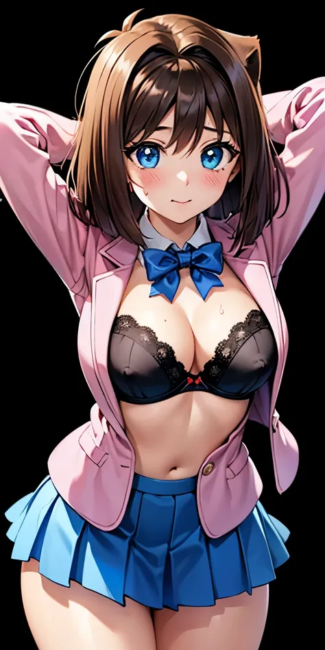 1 Female,High definition,high resolution,Ultra-realistic,8K,aamazaki, (antenna hair:1.2), blue bowtie,blue eyes, pink jacket, blazer, long sleeves, blue skirt, tight skirt, ((miniskirt)),standing, solo,  standing, masterpiece, best quality, detailed face, ...