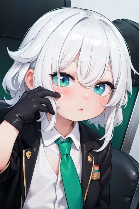 A  boy with white hair in a cool black suit with red gloves and a green tie,  he has a sweet face and nice eyes, one eye is green the other is blue . 