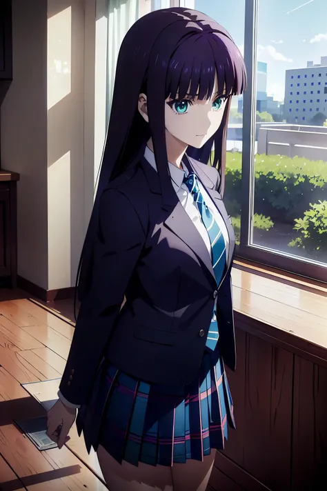 Smile Face, blazer uniform,赤 purple hair, Green Eyes , eyes like jewels, 超 high resolution, ((( Green Eyes))),赤 purple hair, beautifulアニメ高校の女の子,( Masterpiece:1.2, 最 high quality ), ( exist, photo exist:1.4), beautifulイラスト, ( natural light , Movi...