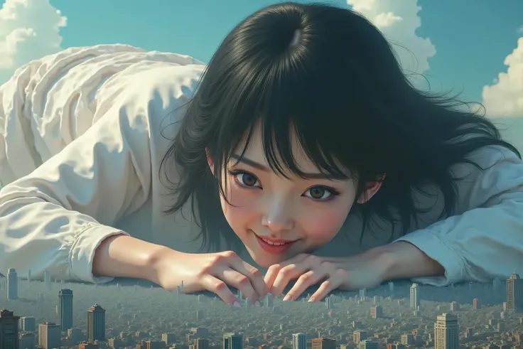 Super Best masterpiece japanese giant girls, 16k,  best image quality,  Ultra High Resolution, Super Giant girls, cute smile girls, super big breasts, Super very small city, Super very small world, city Shocking destruction, world destruction, Super giant ...