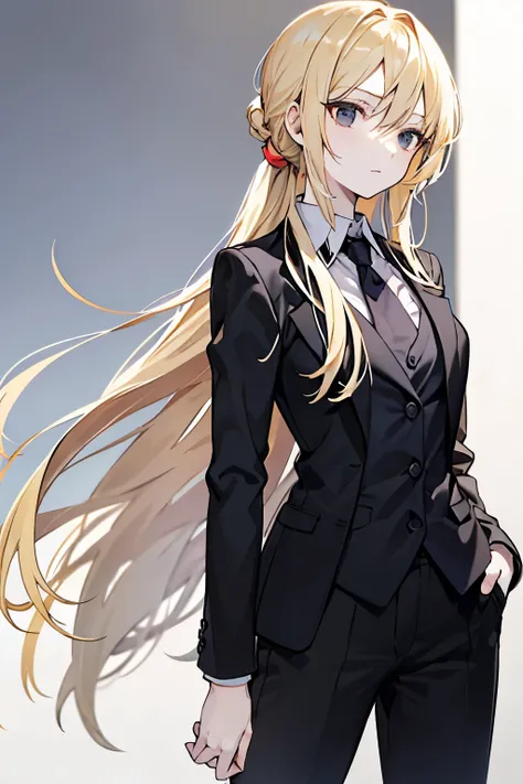 masterpiece, female, expressionless, looking ahead, long hair tied back, blonde, black eyes, jitome, pale skin, tall, slender, suit, 20-year-old, beautiful