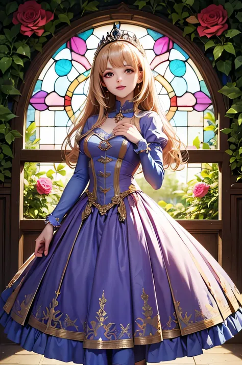 A beautiful stained-glass artwork featuring a princess with long, flowing golden hair. She is wearing a purple and pink medieval-style dress with intricate patterns on the bodice. She holds a pink rose in her hand while standing in a garden filled with blo...