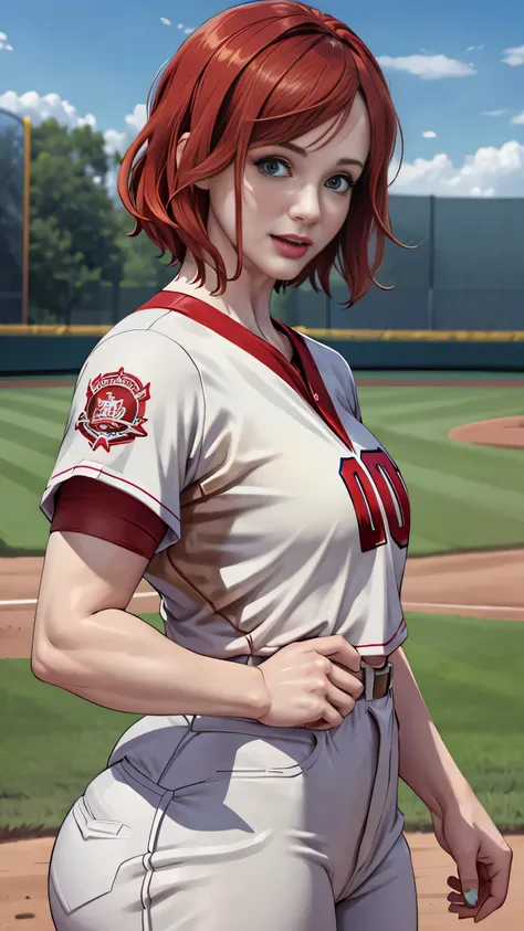 Christina Hendricks, (Christina Hendricks:1.5), masterpiece quality, (masterpiece quality:1.3), detailed, realistic, (realistic:1.3), 1girl, solo, (solo:1.9), 20 years old, at a baseball field, (at a baseball field:1.5), short hair, (short hair:1.5), red h...