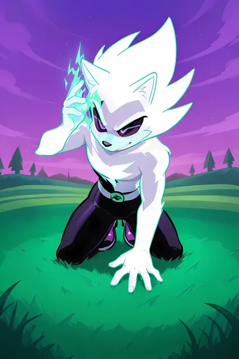 anime male wolf with pale purple glowing fur in a superhero outfit, in a grasslands, purple sky, purple glowing neon energy powers, professionally drawn, danny phantom cartoon/ super sonic style