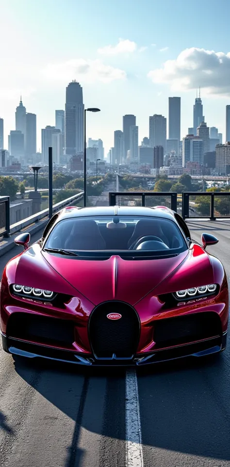Create an ultra-detailed , perfectamente elaborado y sin distorsión de un  Bugatti Chiron estacionado en el puente y ofrece una vista impresionante de la ciudad!

** Bugatti Chiron:**
**color:**

* **Lucious Tone :** Vino intenso metálico  round (#660066) ...