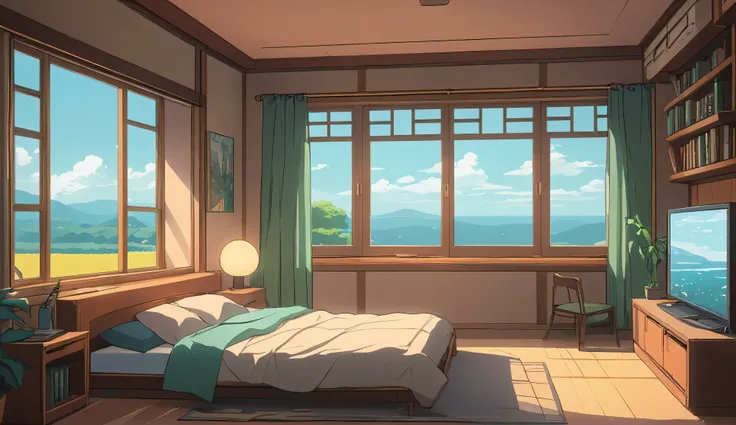 anime, cozy room with a window, cozy wallpaper, lofi art, cozy place, relaxing concept art, lofi, cozy home background, lofi artstyle, designed for cozy aesthetics!, ghibli studio anime style, minimal shading, flat shading