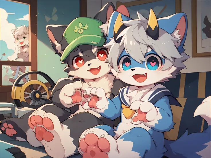  very detailedな, very detailed,gray hair with dark blue fur,,male,骨を見てExcited, heart eyes,participate, before my husband, green white and colored hat, cute face,Sitting,Pets, Akai's first wheel, fluffy fur like one,Excited,naked,Horny boy,「paw」「give paw」「s...