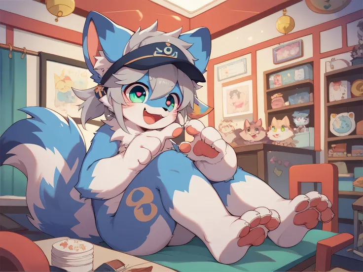  very detailedな, very detailed,gray hair with dark blue fur,,male,骨を見てExcited, heart eyes,participate, before my husband, green white and colored hat, cute face,Sitting,Pets, Akai's first wheel, fluffy fur like one,Excited,naked,Horny boy,「paw」「give paw」「s...