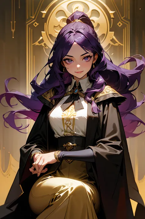 A woman 30 years old with long, wavy dark purple hair tied back in a loose ponytail, a few strands framing her sharp, calculating gaze. Her lips curl into a sly, cunning smile, hinting at hidden schemes. She wears an elegant medieval outfit: a high-collare...