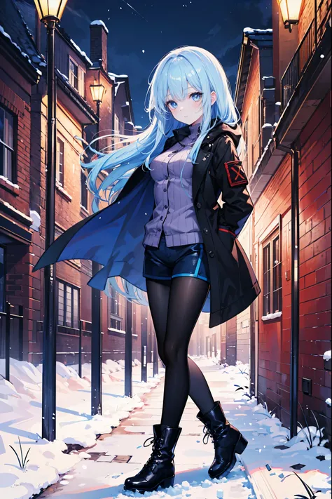 High Resolution, High Quality, High Detail, snowy riverside, night, 1girl, blue hair, long hair, blue eyes, medium breasts, black combat coat, violet shirt, blue shorts, black leggings, black boots, looking at viewer, arms behind back