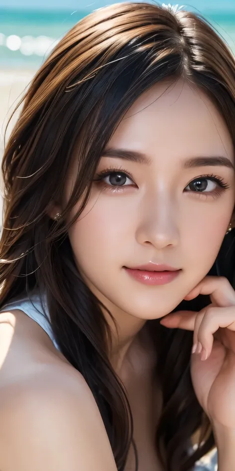 Masterpiece, top quality, illustration , Super Detail, Finely Details, high resolution, 8k wallpaper, perfect dynamic composition, beautiful detailed eyes , beach, sexy face, Expressions Full of Joy at Its Peak ,Face at peak sexual arousal