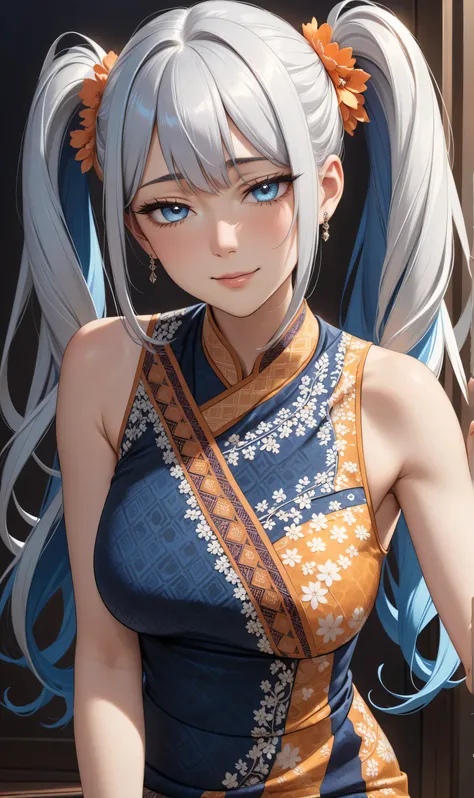 Upper body, ((Random porn pose)), (elegant mature women), ((Ultra detailing)), (very aesthetic, best quality, ultra detailed), intricate details, 1girl, silver hair, twintail hair, Blue inner hair  ,(Silver eyes),((Detailed eyes)), ((Beautifull eyes)), ((p...