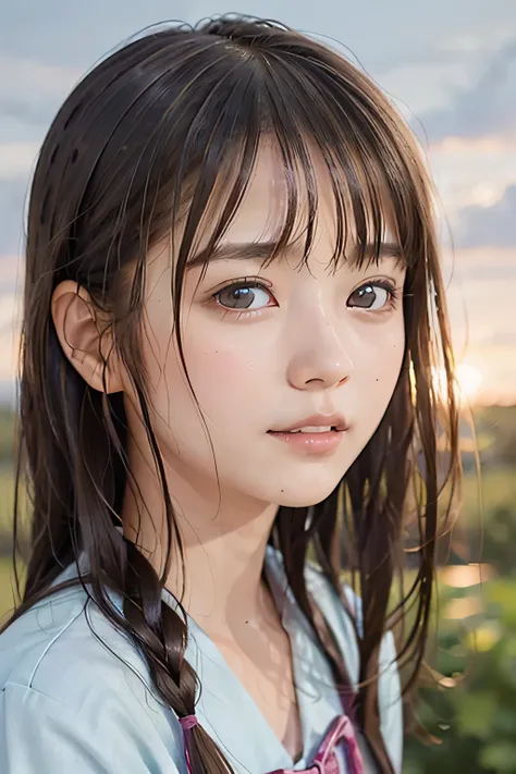 (8k, RAW photo, photorealistic:1.25) ,(lip gloss, eyelashes, Shiny surface, Glossy Skin, best quality, ultra highres, allows depth of field, wet hair, short two braids hair, Color Difference, caustics, blow lighting, Natural Shading, kpop idol:1.4), (cleav...