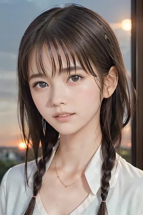 (8k, RAW photo, photorealistic:1.25) ,(lip gloss, eyelashes, Shiny surface, Glossy Skin, best quality, ultra highres, allows depth of field, wet hair, short two braids hair, Color Difference, caustics, blow lighting, Natural Shading, kpop idol:1.4), (cleav...