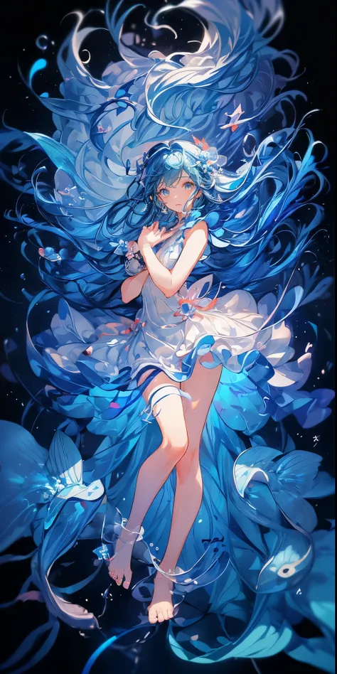 ((Blue hair long twin hair 1 girl:1.4))，(( blue eyes))、Full body solo shooting、((seabed:1.4))、Floats in water、Lots of small fish、(( white dress 、 barefoot))、Floating、A lot of bubbles、bubble、jellyfish、Jellyfish、Coral Reef、Starfish、Various fish 、Blue Fish、Sc...