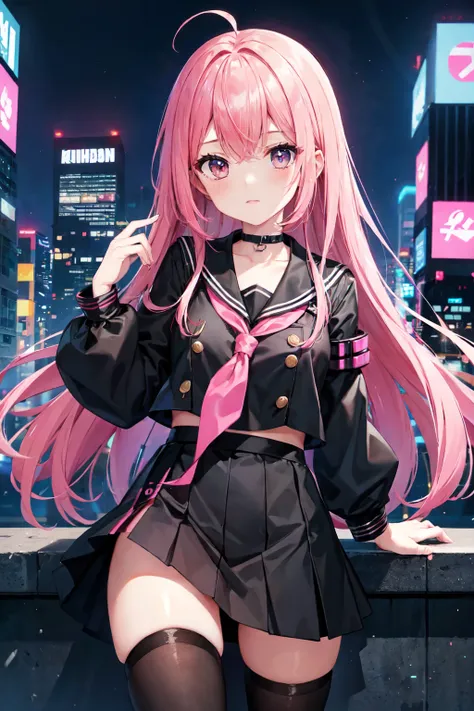   top quality、     best image quality、    top quality、Girl with black and pink two-tone hair、 black sailor suit on the background、 cyberpunk city at night