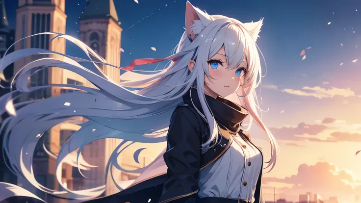 Anime girl character with white flowing hair, blue eyes with cat ears and wearing a winter dress, with a background