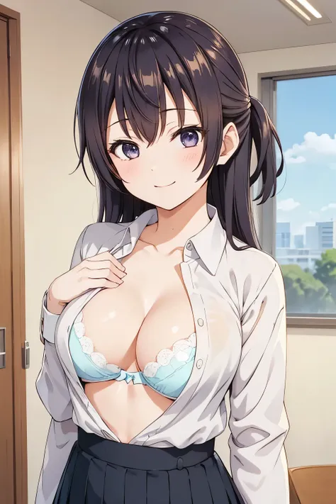   top quality,   , 8k,   upper body,   cute,   from before , Anime,  beautiful breasts,   High Resolution Eye ,   beautiful girl, smile,  mouth, Yuki Suo, uniform, shirt down,undressing shirt,((open bra))