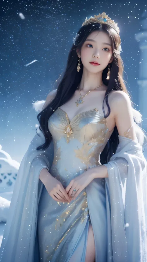There was a woman in a golden dress,Wearing a necklace,((a beautiful fantasy empress).inspired by Sim Sa-jeong,Azure.detailed hairs,winter snow falling princess,LCE Princess,Guvez-Steville artwork,8K)),fantasy aesthetic!.Guviz,Ice Queen,8k high-quality det...