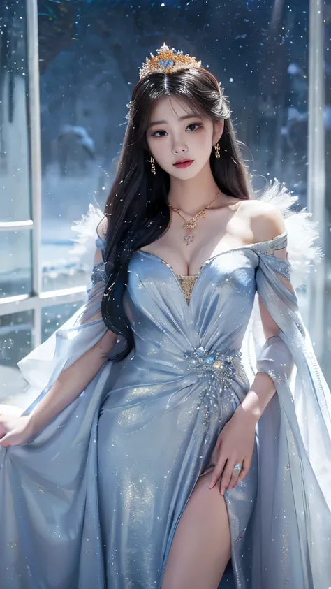 There was a woman in a golden dress,Wearing a necklace,((a beautiful fantasy empress).inspired by Sim Sa-jeong,Azure.detailed hairs,winter snow falling princess,LCE Princess,Guvez-Steville artwork,8K)),fantasy aesthetic!.Guviz,Ice Queen,8k high-quality det...