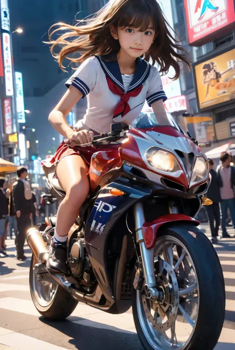 ( top quality,4K,   high res , Masterpiece:1.2),   is present  , 1 girl,   Moisturized Eye   , (  Silver Hair)  matured, Hypnotic eyes, Hypnotic,   moles under eyes,  A teenage Japanese woman is riding a Honda Repsol MotoGP motorcycle ,  knocking over the ...