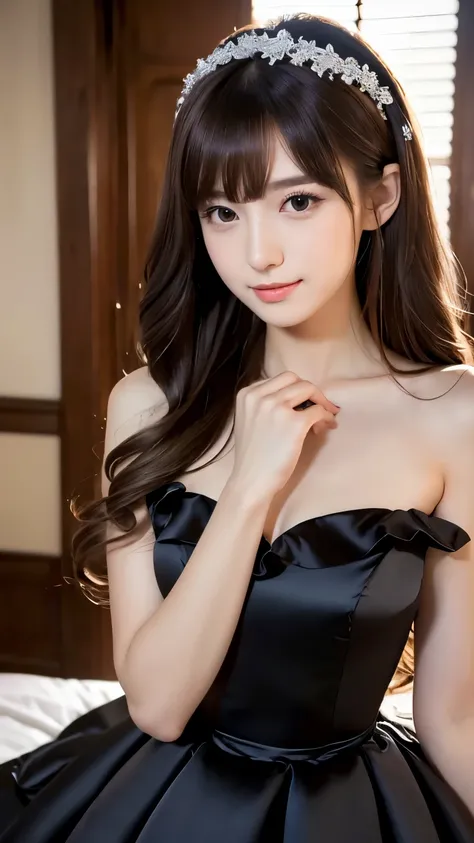 (((Top Quality))), (((Masterpiece))), (((Detail))), tall, looking at camera, face-to-face, black shiny silk satin ruffle girly empire length wedding dress, hands thrust forward, Japanese, brown hair, long hair, gorgeous room,. Gorgeous ribbon hair accessor...