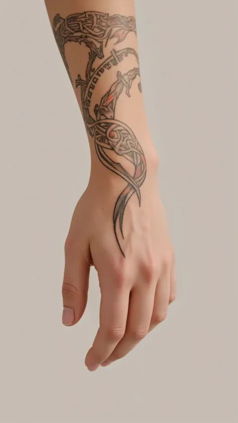 Several Celtic-language tattoos on a woman's hand and arm 