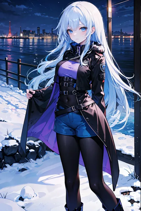 High Resolution, High Quality, High Detail, snowy riverside, night, 1girl, blue hair, long hair, blue eyes, medium breasts, black combat coat, violet shirt, blue shorts, black leggings, black boots, looking at viewer, arms behind back