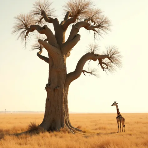 Masterpiece, extremely detailed,hyper realistic,4k,nature,an old tree, with branches without leaves, in the middle of dry grass, a giraffe looks at the branches,photograpy,sun light