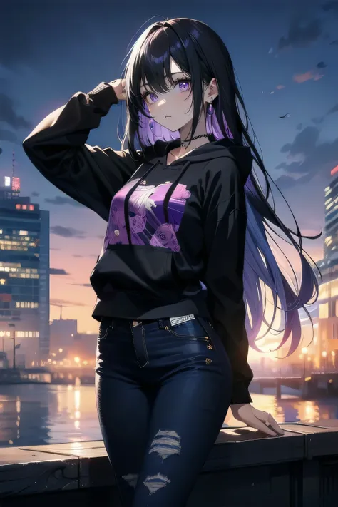 (masterpiece), (best quality), ultra detailed, finely detailed color, cenematic painting, bishoujo, model, ((one lady)), 20 years old, cute face, black hair, absurdly long hair, straight hair, violet eyes, purple eyes, walking, chocker, ((black hoodie:1.2)...