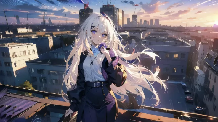 (masterpiece), (best quality), ultra detailed, finely detailed color, cenematic painting, bishoujo, ((one lady)), 20 years old girl, cute face, ((white hair:1.5)), absurdly long hair, straight hair, ((violet eyes:1.5)), standing, ((office outfit)), smiling...