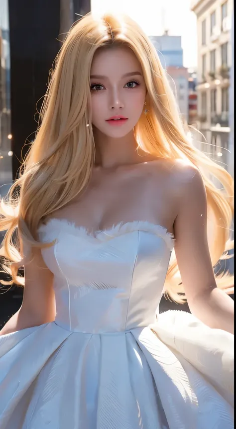 European and American women, Fashion Model, Wearing a white fluffy dress, Glamour, paparazzi taking pictures of her, blonde hair, brown eyes, 8K, high quality, masterpiece, 最high quality, hd, very detailed, volumetric lighting, realistic,