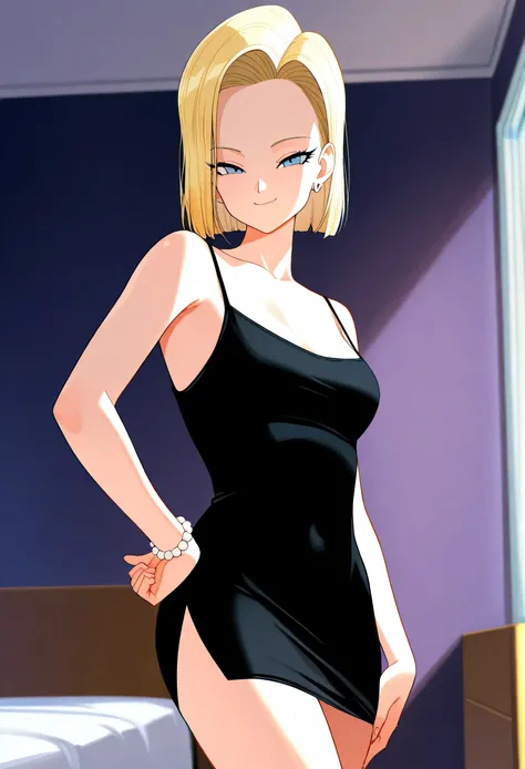 masterpiece,best quality, bedroom, indoors, a18, 1girl,solo, blonde hair,light blue eyes, short hair, seductive smile, medium breast, bare shoulders, a black taut dress, a black spaghetti strap dress, a short black dress, looking at viewer, upper body, clo...