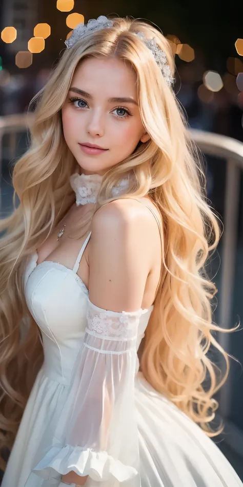 Photo of a 20-year-old European girl, raw, Beautiful woman, (Long wavy blonde hair), ((Portrait)), ((Detailed face:1.2)), ((detailed facial features)), (finely detailed skin), pale skin,Park, London Ferris Wheel、Dresses with fluffy sleeves、A sexy(cold colo...