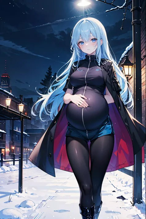 High Resolution, High Quality, High Detail, snowy riverside, night, 1girl, blue hair, long hair, blue eyes, medium breasts, black combat coat, violet shirt, blue shorts, black leggings, black boots, looking at viewer, arms behind back, pregnant