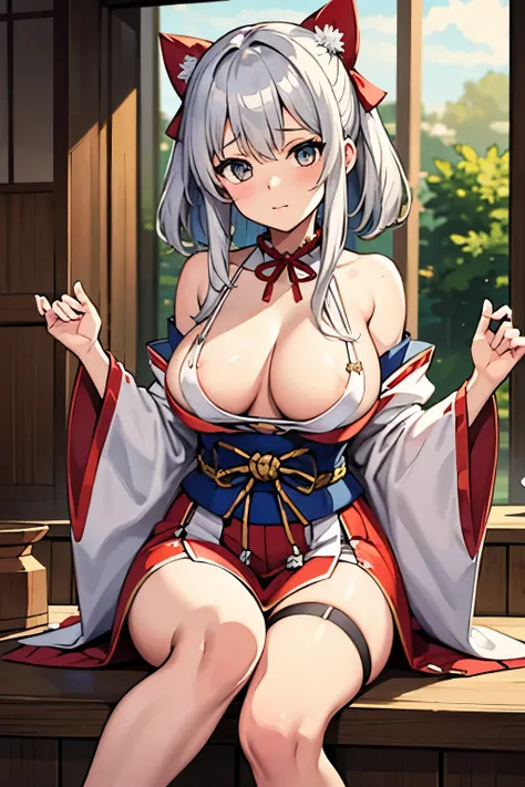  sexy　Shrine maiden　 white knee high　shrine　 beautiful girl　 open　 Silver Hair