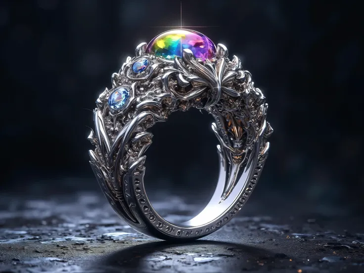 Silver ring, Rainbow Gem, Shiny Aura, Goddess Ring, black background, Legendary Items, Beautiful ring , Describing Pranite,  inches,  Masterpiece, movies.